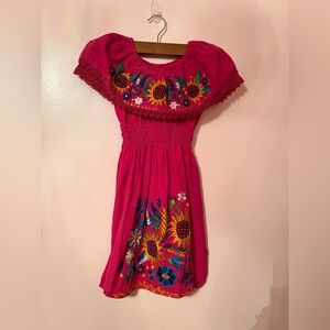 Source Unknown Vibrant Pink Kids Dress with Floral Embroidery